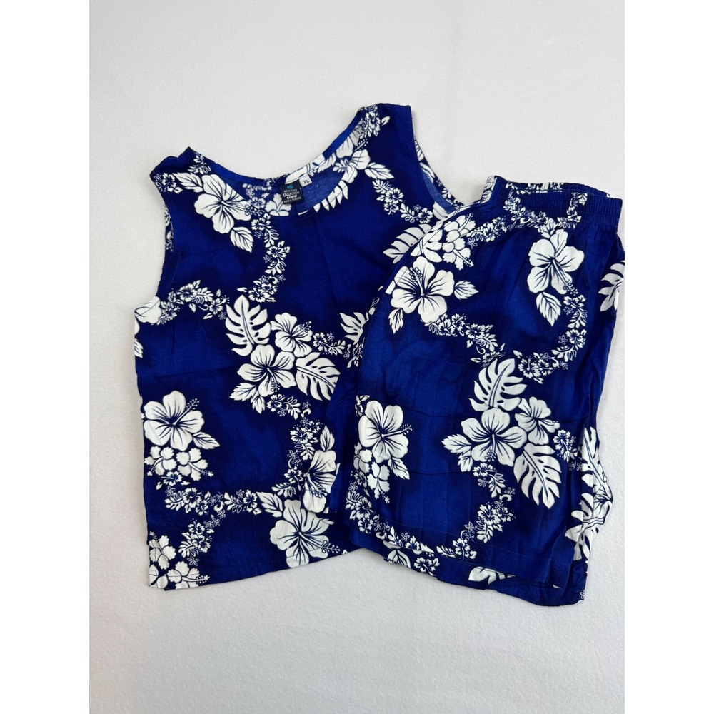 Aloha Hibiscus Collection‎ Hawaii 2 Piece Shorts Set Womens XL Blue Floral Rayon